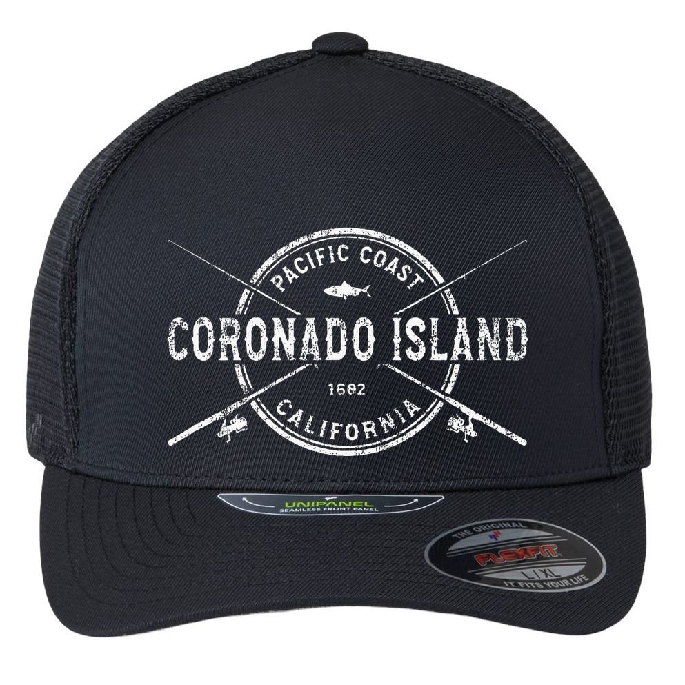Coronado Island Ca Vintage Crossed Fishing Rods Flexfit Unipanel Trucker Cap