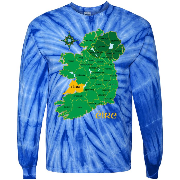 Clare Ireland County Map Eire Irish Travel Funny Gift Tie-Dye Long Sleeve Shirt