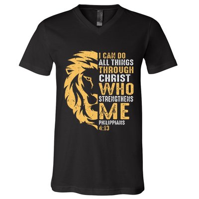 Christian I Can Do All Things Through Christ Lion Faith V-Neck T-Shirt