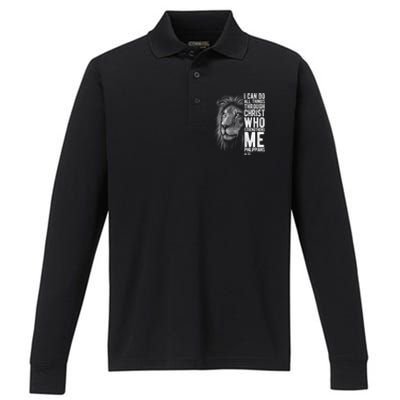 Christian I Can Do All Things Through Christ Lion Faith Gift Cool Gift Performance Long Sleeve Polo