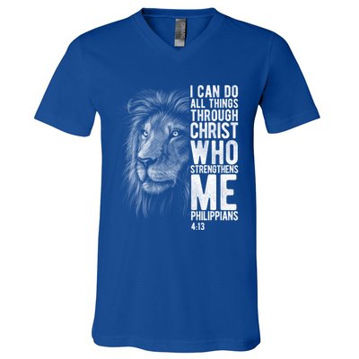 Christian I Can Do All Things Through Christ Lion Faith Gift Cool Gift V-Neck T-Shirt