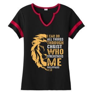 Christian I Can Do All Things Through Christ Lion Faith Ladies Halftime Notch Neck Tee