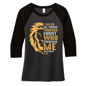 Christian I Can Do All Things Through Christ Lion Faith Women's Tri-Blend 3/4-Sleeve Raglan Shirt