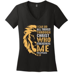 Christian I Can Do All Things Through Christ Lion Faith Women's V-Neck T-Shirt