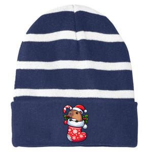 Capybara In Christmas Stocking Candy Cane Santa Hat Pajama Striped Beanie with Solid Band