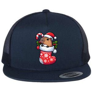 Capybara In Christmas Stocking Candy Cane Santa Hat Pajama Flat Bill Trucker Hat