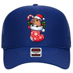 Capybara In Christmas Stocking Candy Cane Santa Hat Pajama High Crown Mesh Back Trucker Hat