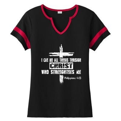 Christian I Can Do All Things Through Cross Jesus Religious Ladies Halftime Notch Neck Tee