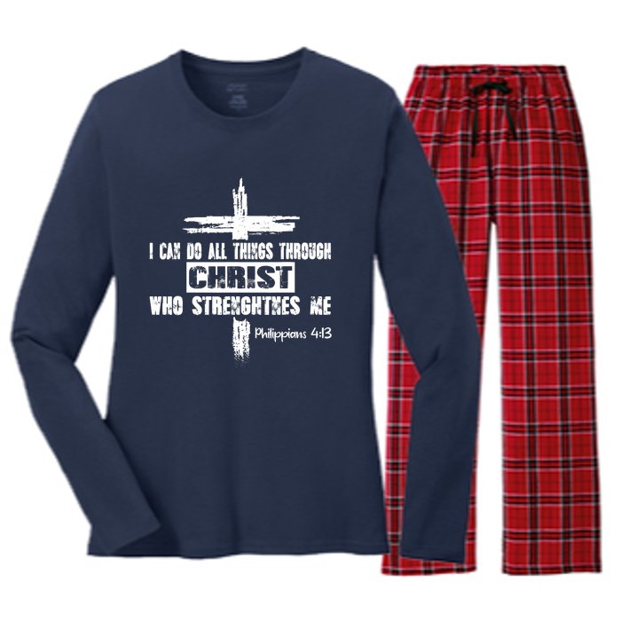 Christian I Can Do All Things Through Cross Jesus Religious Women's Long Sleeve Flannel Pajama Set 