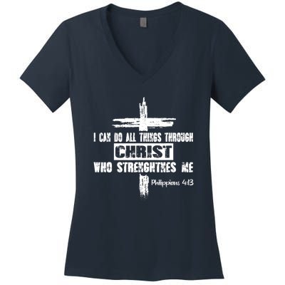 Christian I Can Do All Things Through Cross Jesus Religious Women's V-Neck T-Shirt