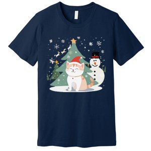 Cat In Christmas Mood Christmas Snowman Festive Premium T-Shirt