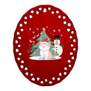 Cat In Christmas Mood Christmas Snowman Festive Ceramic Oval Ornament