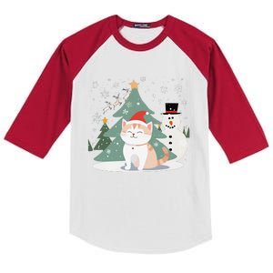 Cat In Christmas Mood Christmas Snowman Festive Kids Colorblock Raglan Jersey