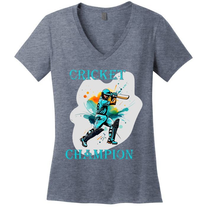 Cute Inspirational Cricket Sport Motif Cricket Champion Design Women's V-Neck T-Shirt