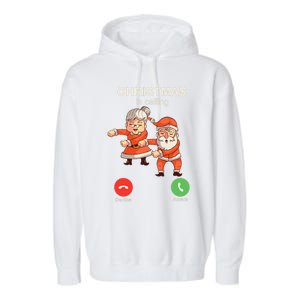 Christmas Is Calling Funny Dancing Santa Claus With Wife Garment-Dyed Fleece Hoodie