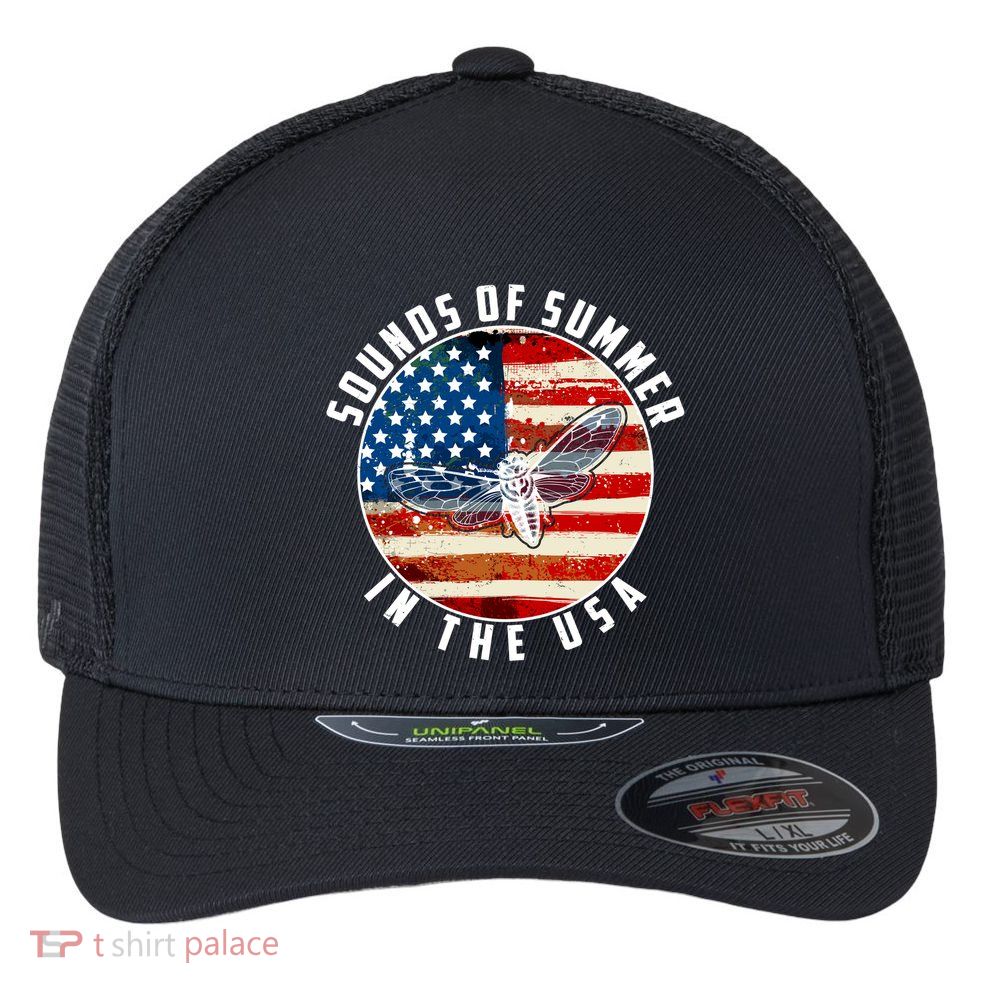 Cicadas Sounds Of Summer In The USA Flag Flexfit Unipanel Trucker Cap