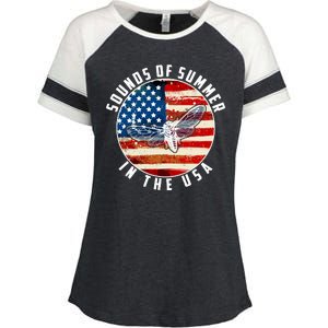 Cicadas Sounds Of Summer In The USA Flag Enza Ladies Jersey Colorblock Tee