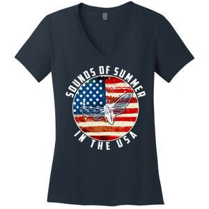 Cicadas Sounds Of Summer In The USA Flag Women's V-Neck T-Shirt