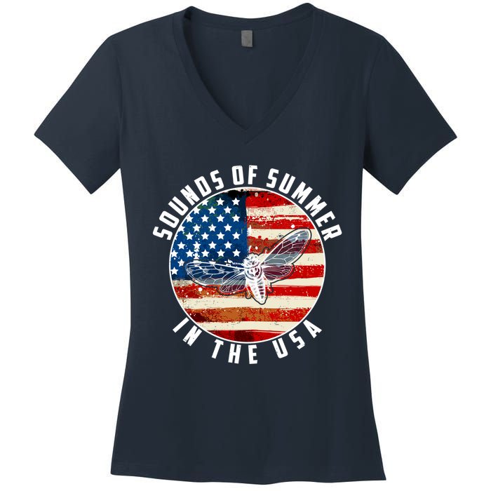 Cicadas Sounds Of Summer In The USA Flag Women's V-Neck T-Shirt