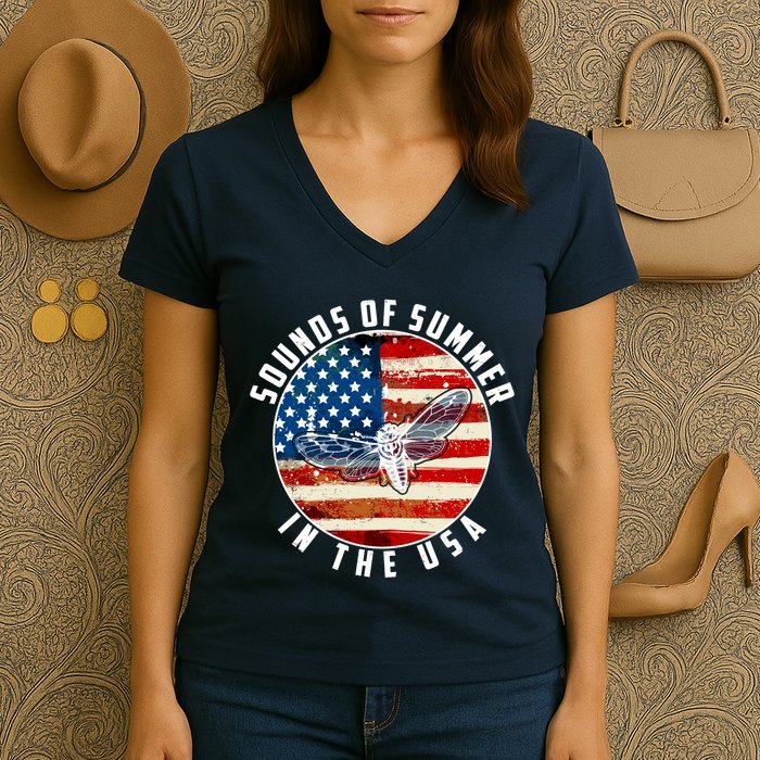 Cicadas Sounds Of Summer In The USA Flag Women's V-Neck T-Shirt