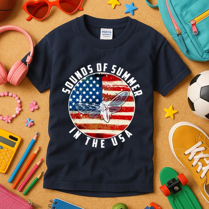 Cicadas Sounds Of Summer In The USA Flag Kids T-Shirt