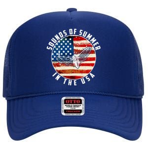 Cicadas Sounds Of Summer In The USA Flag High Crown Mesh Back Trucker Hat