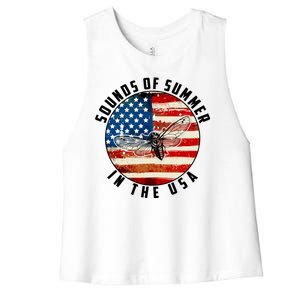 Cicadas Sounds Of Summer In The USA Flag Women's Racerback Cropped Tank