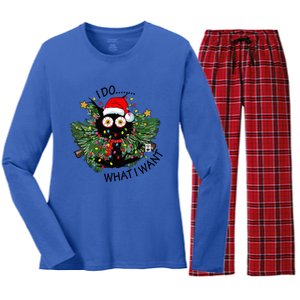 Cat I Do What I Want Christmas Tree Funny Cat Gift Women's Long Sleeve Flannel Pajama Set 