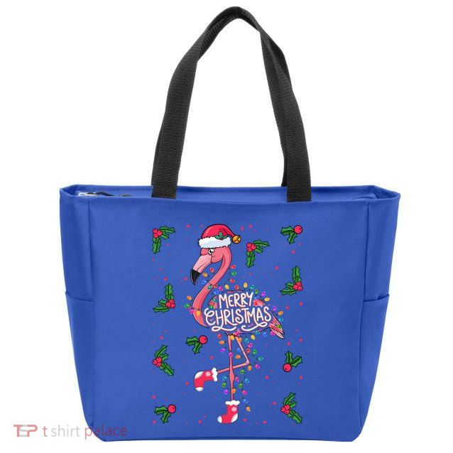 Christmas IM Dreaming Of A Pink Christmas Festive Flamingo Gift Zip Tote Bag