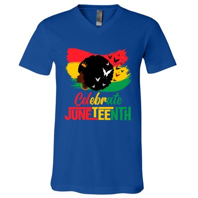 Celebrate Indepedence Day Black Messy Bun Juneteenth Cute Gift V-Neck T-Shirt