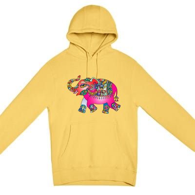 Colorful Indian Elephant Tribal Cute Gift Dala Art Cute Gift Yoga Namaste Gift Premium Pullover Hoodie