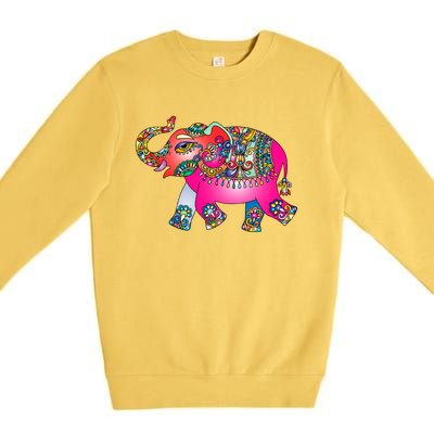 Colorful Indian Elephant Tribal Cute Gift Dala Art Cute Gift Yoga Namaste Gift Premium Crewneck Sweatshirt