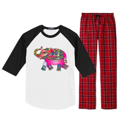 Colorful Indian Elephant Tribal Cute Gift Dala Art Cute Gift Yoga Namaste Gift Raglan Sleeve Pajama Set