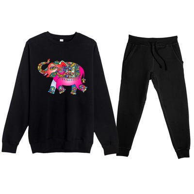 Colorful Indian Elephant Tribal Cute Gift Dala Art Cute Gift Yoga Namaste Gift Premium Crewneck Sweatsuit Set