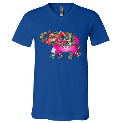 Colorful Indian Elephant Tribal Cute Gift Dala Art Cute Gift Yoga Namaste Gift V-Neck T-Shirt