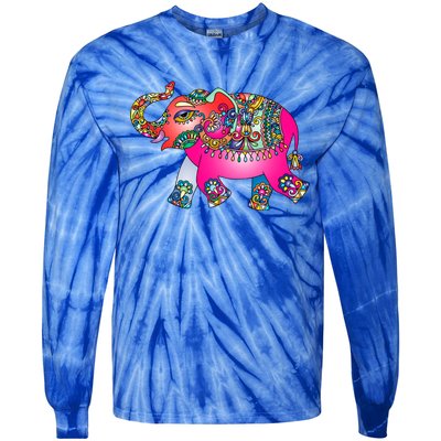 Colorful Indian Elephant Tribal Cute Gift Dala Art Cute Gift Yoga Namaste Gift Tie-Dye Long Sleeve Shirt