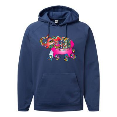 Colorful Indian Elephant Tribal Cute Gift Dala Art Cute Gift Yoga Namaste Gift Performance Fleece Hoodie