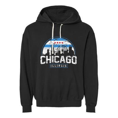 Chicago Illinois Flag Vintage Skyline Garment-Dyed Fleece Hoodie