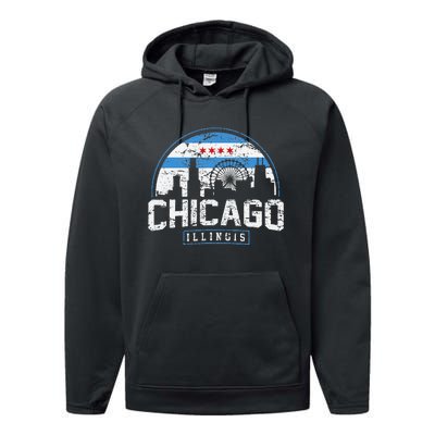 Chicago Illinois Flag Vintage Skyline Performance Fleece Hoodie