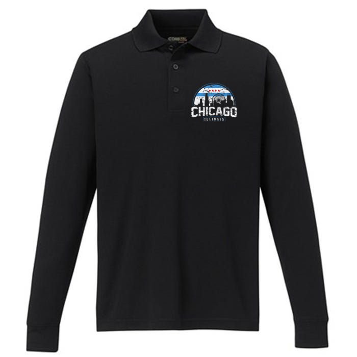 Chicago Illinois Flag Vintage Skyline Performance Long Sleeve Polo