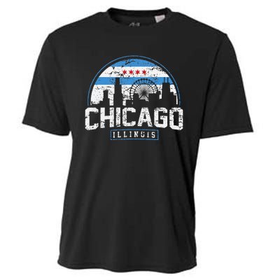 Chicago Illinois Flag Vintage Skyline Cooling Performance Crew T-Shirt