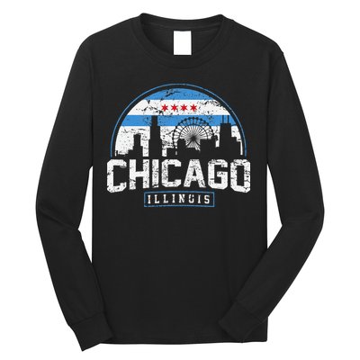 Chicago Illinois Flag Vintage Skyline Long Sleeve Shirt