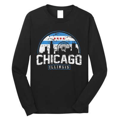 Chicago Illinois Flag Vintage Skyline Long Sleeve Shirt