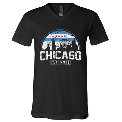 Chicago Illinois Flag Vintage Skyline V-Neck T-Shirt