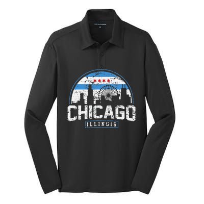 Chicago Illinois Flag Vintage Skyline Silk Touch Performance Long Sleeve Polo