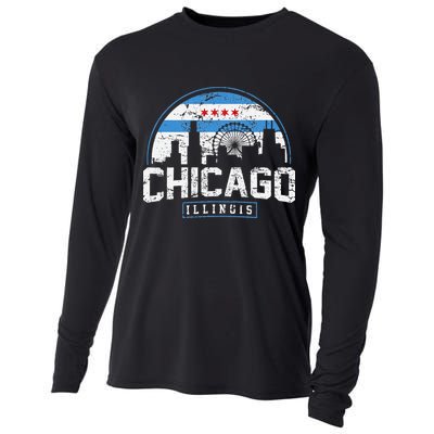 Chicago Illinois Flag Vintage Skyline Cooling Performance Long Sleeve Crew