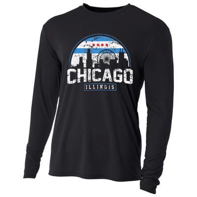 Chicago Illinois Flag Vintage Skyline Cooling Performance Long Sleeve Crew