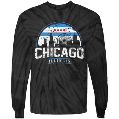 Chicago Illinois Flag Vintage Skyline Tie-Dye Long Sleeve Shirt