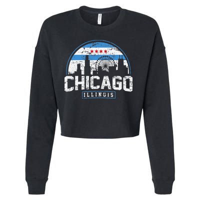 Chicago Illinois Flag Vintage Skyline Cropped Pullover Crew