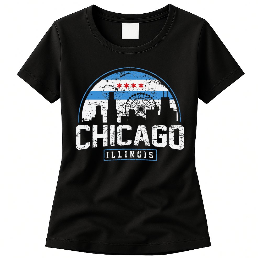 Chicago Illinois Flag Vintage Skyline Womens T-Shirt